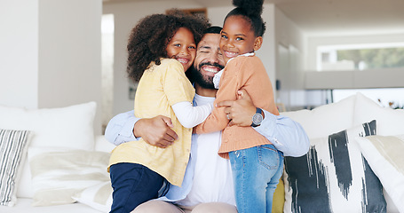 Image showing Family, man and happy kids on sofa, hug and bonding together for love or memory in home. Support, trust and face of father with children in living room with smile, relax playing with dad in house.