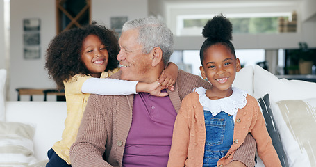 Image showing Happy, sofa and portrait of grandfather with children for bonding, relationship and relax at home. Family, love and young girls embrace grandpa for love, care and affection in living room on weekend