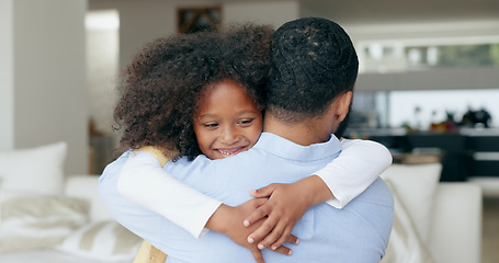 Image showing Child, dad and hug in home, back and smile with welcome, reunion and memory with love in living room. African kid, father and embrace with connection, happy and bonding in lounge at family house