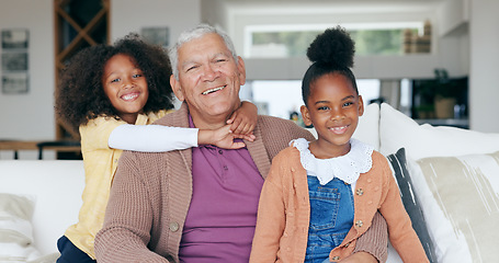Image showing Portrait, happy and grandfather on sofa with children for bonding, relationship and relax at home. Family, love and young girls embrace grandpa for love, care and affection in living room on weekend