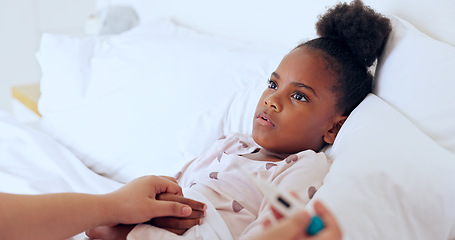 Image showing Sick, kids or a girl with a fever in bed to relax or recover and a parent in the home to care or check. Black family, children and an unhealthy daughter in the bedroom of an apartment with an illness