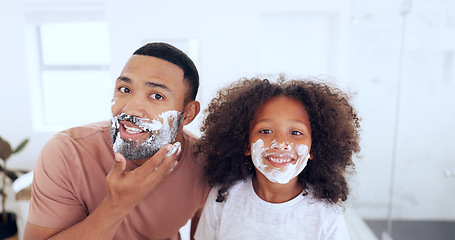 Image showing Dad, son and shaving cream in bathroom, portrait and morning routine in mirror, skincare and boy. Facial, cosmetic and bonding together with parent, family home or fun for face grooming treatment