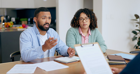 Image showing Couple, married and advice for contract in home with notebook, paperwork or question. Man, woman and worried expression for discussion of legal document, compliance or insurance for future investment