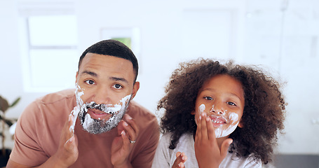 Image showing Dad, son and shaving cream in portrait, bathroom and morning routine in mirror, skincare and boy. Facial, cosmetic and bonding together with parent, family home or fun for face grooming treatment