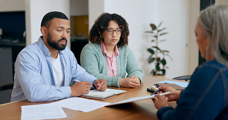 Image showing Couple, discussion and lawyer with documents for real estate, property investment or loan application and listen. People, man and woman with advisor, paperwork and instructions for legal deal or will