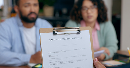 Image showing Closeup, hand and last will for document in office for testament, insurance or future planning. Funeral, death and preparation of married couple in home for protection, security of safety of family