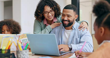 Image showing Parents, children and laptop for work, homework and learning with book, colouring and education. Mom, dad and read for child development, studying and family home for lesson, knowledge and happy