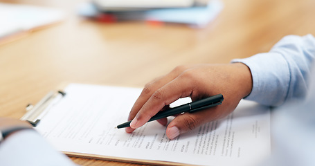 Image showing Closeup, hand and pen for contract in office for legal agreement, compliance or paperwork. Male person, lawyer and reading for document with information, life insurance and protection plan on desk
