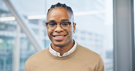 Image showing Man, portrait and office with happy for job, employee and glasses for future, vision and positive. Businessman, career and person for occupation, workplace and corporate for company, face or smile