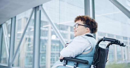 Image showing Business, woman in wheelchair at office thinking with smile and commute to work in morning. Opportunity, equality and happy businesswoman with disability in workplace with access, inclusion and pride