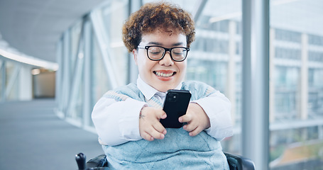 Image showing Phone, office and business woman in wheelchair online for social media, networking and connection. Modern workplace, corporate and person with disability in corridor on smartphone for mobile app