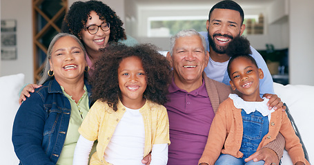 Image showing Big family in portrait with kids on sofa, bonding together for love and memory in home. Face of grandparents, parents and children on couch in living room with smile, relax with happiness and trust