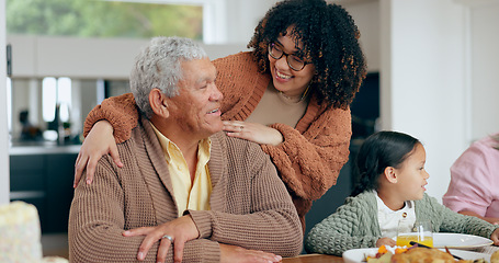 Image showing Elderly, man or daughter with hug for love, laughing and joke in dining room of home with happiness. Family, dad and woman with embrace, smile and care for relaxing, peace and comic in lounge of home