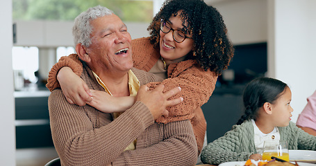 Image showing Senior, man and daughter with hug for love, laughing and joke in dining room of home with happiness. Family, dad and woman with embrace, smile and care for relaxing, peace and comic in lounge