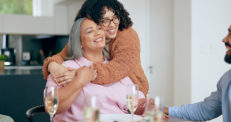 Image showing Senior, woman or daughter with hug for love, laugh or joke in dining room of house with happy. Family, mother and person with embrace, smile and care for relaxing, peace and comic in lounge of home