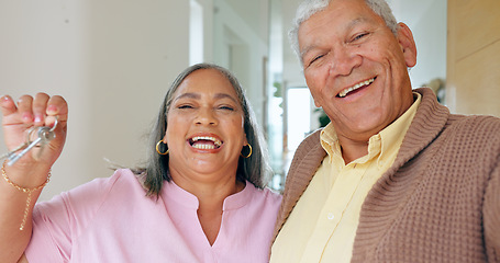 Image showing New home, keys and selfie portrait of old couple excited for house, property investment and moving. Retirement, marriage and happy elderly man and woman for mortgage, rental and real estate purchase