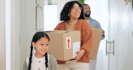 Image showing Happy family with boxes, moving and new home with property mortgage, future opportunity and security. Mother, father and child together in apartment, real estate investment and cardboard box in house