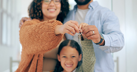 Image showing New home, keys and portrait of parents and child excited for house, property investment and moving. Family, happy and mother, father and young girl for mortgage, rental and real estate purchase