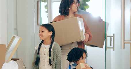 Image showing Parents, children and boxes, moving and new home with property mortgage, future opportunity and security. Mother, father and happy kids together in apartment, real estate investment and cardboard box