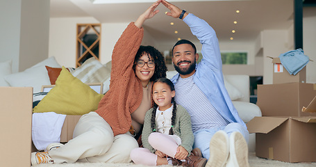 Image showing Portrait of happy family with boxes, roof in new home and property insurance, future opportunity and security. Mother, father and child together in living room, real estate and cover in apartment.