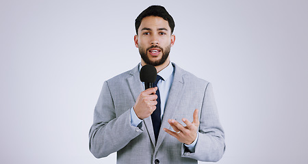Image showing Portrait, man and reporter for news with microphone on white background for mock up with broadcast in studio. Person, journalist and talking for announcement, information or live stream in Mexico