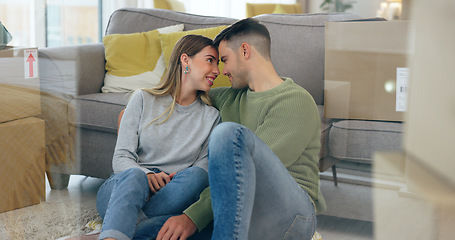 Image showing Happy couple, boxes and new home at sofa for dream house, living room or property. Man, woman and forehead embrace at couch for achievement smile or apartment change for milestone, talking or relax