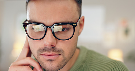 Image showing Man, thinking and employee for decision, glasses and idea with face, closeup and office. Planning, research and mockup space with solution mindset, freelance writer and ideas for problem solving