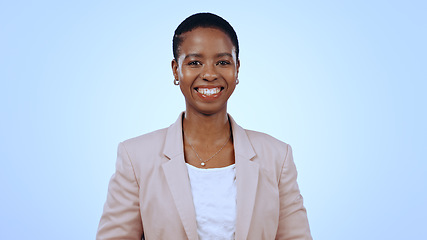 Image showing Portrait, business woman and smile in studio for paralegal job, pride and confident lawyer isolated on blue background. Happy african attorney working with trust for professional career in Nigeria