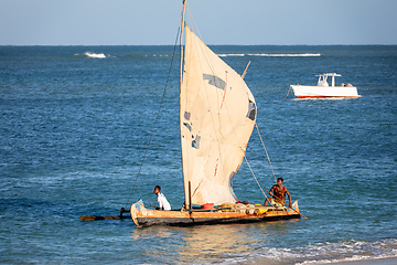 Image showing Fishermen using sailboats to fish off the coast of Anakao in Madagascar