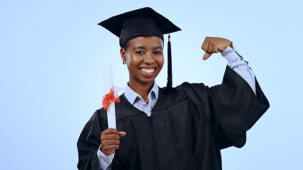 Image showing Graduation student, woman power and learning motivation, education or study goals and success in studio. Portrait of african graduate and diploma, hard work or fist for achievement on blue background