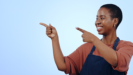 Image showing Woman, cafe and pointing for presentation in studio with hands, announcement or advertising space in smile. Black person, face or happy for marketing, showing deal or discount with pride on mock up