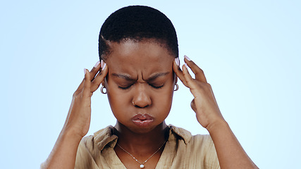 Image showing Woman, headache and stress in studio for pain dizzy, anxiety fatigue on blue background. Black person, brain fog as migraine fear for tired crisis or frustrated vertigo problem, burnout as mockup