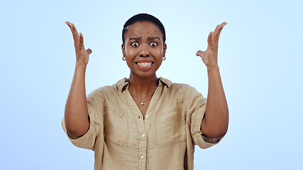 Image showing Portrait, black woman and surprise with announcement, shocked and facial expression on a blue background. Face, African person and model with reaction, emoji and mockup space with emotion, wow or omg