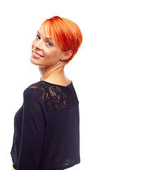Image showing Woman, smile and redhead with fashion, face and stylish for cool, trendy and edgy hairstyle. Punk, over the shoulder and happy with body language, funky and youth on white background with short hair