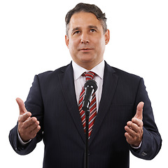 Image showing Microphone, speech and business man on a white background for presentation, speaker and seminar. Professional, public speaking and worker talking for conference, tradeshow and communication in studio