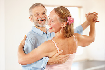 Image showing Senior couple, dancing and happiness in home, love and ballroom for fun, touch and romantic. Retirement, bonding together and smile for husband, wife and quality time with tango, retired or elderly