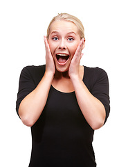 Image showing Wow, news and hands on face of woman in studio excited for deal, announcement or information on white background. Omg, surprise or portrait of lady model with emoji shock gesture for feedback results