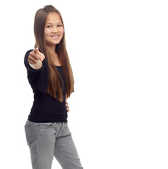 Image showing Teenager, portrait and pointing in studio for winner or we want you, join us or announcement. Child, face as hand gesture for opportunity deal or recruitment or invitation, mockup at white background