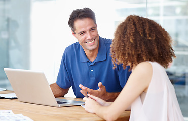 Image showing Colleagues, smile and laptop for meeting, office or discussion to plan, strategy or network. Financial manager, man and woman for company, feedback and working for employee, job and conversation