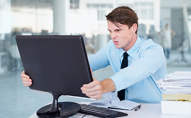 Image showing Businessman, computer and stress or frustrated at office, anger and crazy for technology. Male person, frustrated and crisis on digital, problem and issues or glitch, 404 error and connection fail