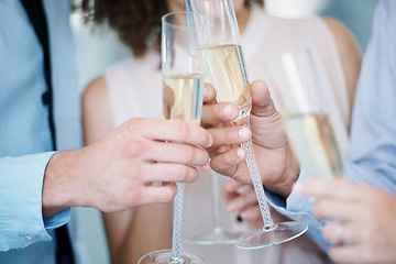 Image showing Hands, team and champagne for toast, cheers and success or achievement, bonus and target. People, motivation and congratulations in office, victory and celebrate with drink, goals or collaboration