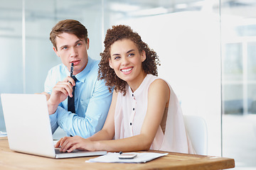 Image showing Laptop, conversation and business people in collaboration in the office doing research for legal information. Professional, technology and team of lawyers in discussion with computer in workplace.