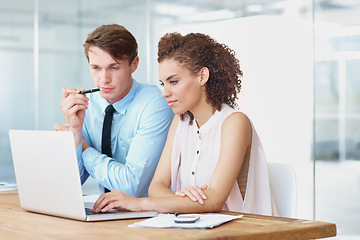 Image showing Laptop, discussion and business people in collaboration in the office doing research for legal information. Professional, technology and team of lawyers in conversation with computer in workplace.