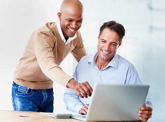 Image showing Businessman, team and strategy with laptop in office for collaboration, leadership or advice. Diversity, mentor or management with guidance for online, report or document with internet for technology