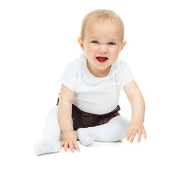 Image showing Excited, portrait of kid and baby on floor in studio isolated on a white background mockup space. Happy child, infant and cute blonde toddler or adorable newborn, healthy and funny laugh or smile