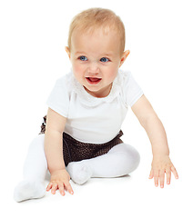 Image showing Smile, young child and baby on floor in studio isolated on a white background mockup space. Happy kid, infant and cute blonde toddler or adorable girl sitting, innocent newborn or healthy development