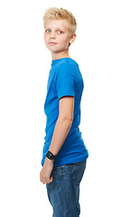 Image showing Teenager, boy and calm with thinking in studio for idea, body language and confidence on white background. Person, child or kid and thoughtful, casual style and trendy outfit with fashion on mockup