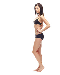 Image showing Young woman, portrait and full body in underwear on mockup to lose weight or diet against a white studio background. Attractive female person or slim model posing in lingerie for health and wellness