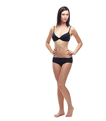 Image showing Young woman, portrait and full body in underwear to lose weight, slim or diet against a white studio background. Attractive female person or model posing in lingerie for health and wellness on mockup