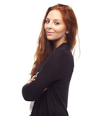 Image showing Fashion, woman or portrait with arms crossed in studio for happiness, casual style and pride on white background. Young person, face and smile with good mood, proud and joy with positive mindset